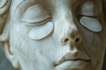 Aufkleber - A beautifully detailed marble statue depicts a serene face adorned with soft white patches over the eyes, illuminated by natural light in an art gallery