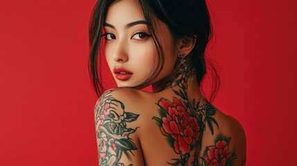 Asian beautiful model young woman tattoos art on her back background wallpaper AI generated image