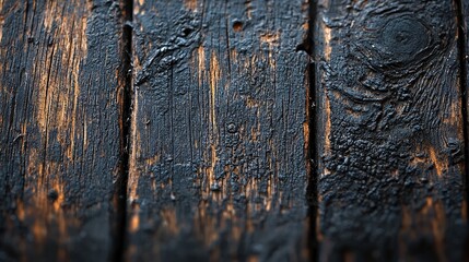 Poster - The surface of aged wooden planks displays rich textures and deep colors, highlighting intricate grain patterns illuminated softly, creating a warm, inviting atmosphere
