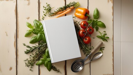 Fresh vegetables and herbs with blank menu board on wooden background.