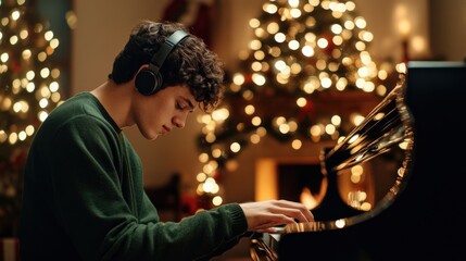 A young man Handsome, smart beautiful in a green and Headphones music, sitting at play the piano near a Christmas tree with a garland of lights and the warm glow of a fireplace.