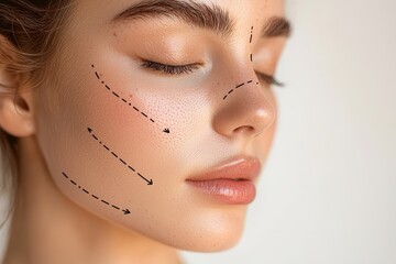 Sticker - A woman’s face is shown with subtle beauty treatment markings indicating areas for cosmetic procedures. The lighting enhances her natural skin tone and features