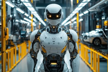 Aufkleber - A humanoid robot equipped with advanced technology and glowing eyes is positioned in a modern factory filled with assembly lines and vehicles. The setting showcases innovation in automation