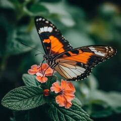 Canvas Print - A butterfly with orange and black wings sits on a pink flower.