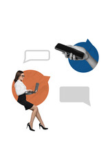 Poster - Collage image of happy successful woman office manager typing texting sms sharing news with modern technology