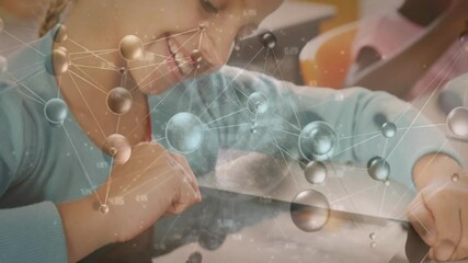 Poster - Animation of network of connections and data processing over biracial schoolgirl in classroom