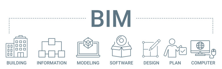 bim concept banner icon contain of building, information, modeling, software, design, plan, and comp