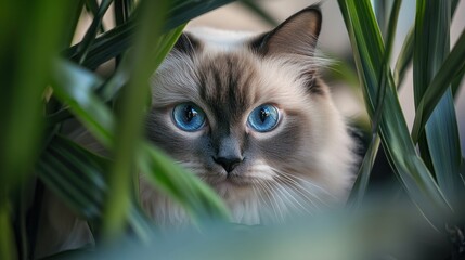 A close-up of a cat with striking blue eyes peeking through green plants.