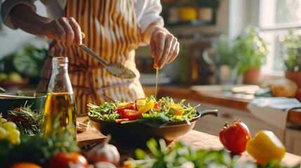 A person is cooking a salad in a kitchen