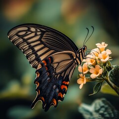 Sticker - A close-up of a butterfly with black, orange, and white wings, perched on a small, yellow flower.