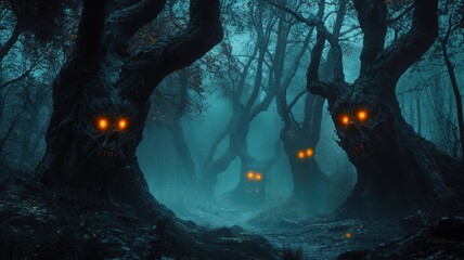 Creepy forest with twisted trees and glowing eyes