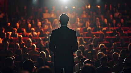 Confident Business Leader Delivers Inspiring Speech to Large Audience Capturing Public Speaking Success and Achievement