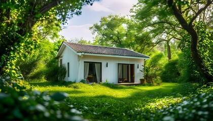 charming white house nestled in vibrant greenery illuminated by bright sunbeams