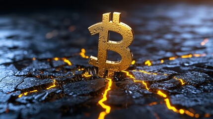 A stunning golden Bitcoin symbol emerges from cracked ground, representing the rise of cryptocurrency in a digital world.