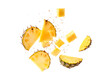 © Village - Falling Pineapple slices isolated on Transparent background, full depth of field, lipping path,pineapple in full depth of field, Falling candied fruit, Cut pineapple on transparent background, ring,Ai