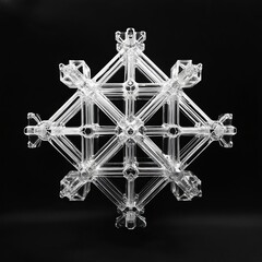 Sticker - A close-up of a symmetrical snowflake with intricate detail on a black background.