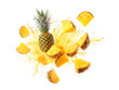 © Village - Falling Pineapple slices isolated on Transparent background, full depth of field, lipping path,pineapple in full depth of field, Falling candied fruit, Cut pineapple on transparent background, ring,Ai