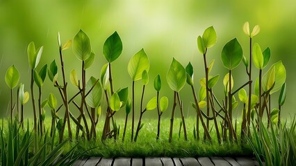 Poster - Green leaves on twigs, sward and wooden planks with green blurry background