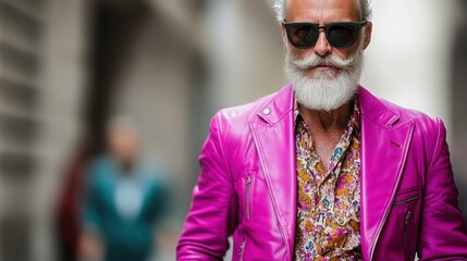 A stylish man with a white beard and sunglasses, donning a vibrant pink jacket and floral shirt, exuding confidence and flair, standing outdoors in an urban setting.