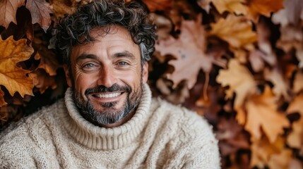 A cheerful man with curly hair and a beard, dressed in a knitted sweater, is seen smiling among brown autumn leaves, presenting a warm and joyful autumnal scene.