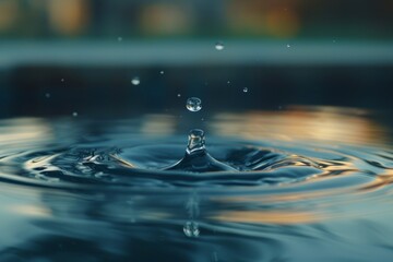 Poster - Water droplet creates ripples in a tranquil pond during the early morning light