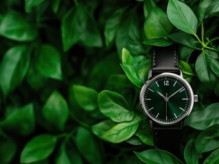 stylish watch resting on lush green leaves, symbolizing nature and elegance. perfect for timepiece a