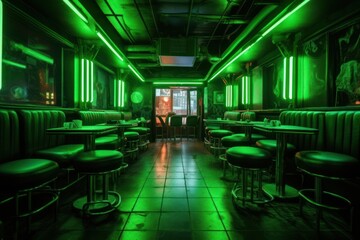 Wall Mural - Neon green background restaurant chair bar.