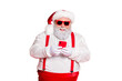 © deagreez - Portrait of funny funky fat overweight santa claus with big abdomen belly use cell phone comment newyear posts wearing stylish trendy  eyewear eyeglasses hat reading news isolated over red background