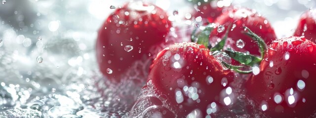 Fresh tomatoes splashing in water with droplets