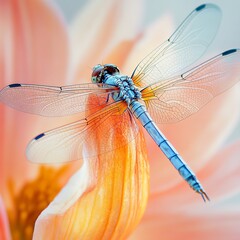 Wall Mural - A dragonfly rests on an orange flower petal.