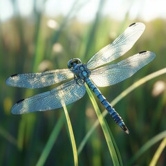 Sticker - A dragonfly with delicate wings perched on a blade of grass in a meadow, bathed in the soft glow of sunlight.