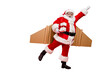 © deagreez - Full length profile side photo of crazy funny elderly superhero santa start launch fly up his rocket wings to give presents on christmas night wear costume cap hat isolated over red background