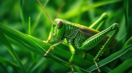 Bright green grasshopper perched on grass in a detailed nature macro shot