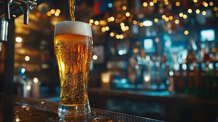 filling pint glass with beer on the bar 