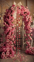 Wall Mural - Wedding background with pink roses, bow and paper Hearts, vintage style