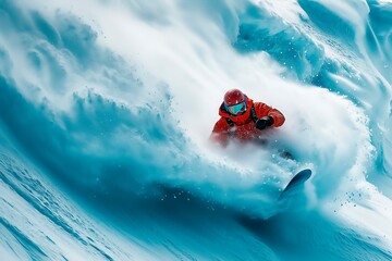 A snowboarder carves through fresh powder on a snowy mountain slope