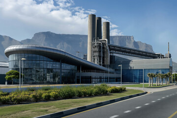 Modern chemical plant building blends industrial architecture with natural beauty against majestic mountains, reflecting cutting edge technology and futuristic design