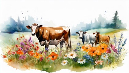 Cows in a watercolor flower field peaceful grazing floral beauty isolated white