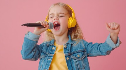 Young girl wearing yellow headphones, eyes closed, enjoying music against a pink background, creating a playful and relaxing atmosphere. Childhood music enjoyment concept.