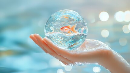 Woman holding a fishbowl with a goldfish swimming in water background