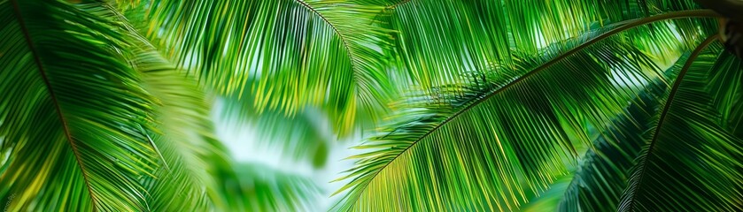 Wall Mural - lush green palm tree fronds with sunlight filtering through the leaves - tropical foliage background