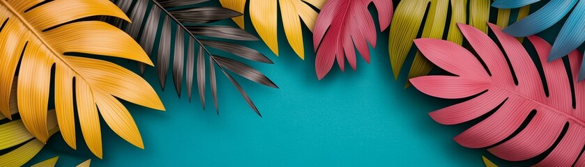 Wall Mural - vibrant tropical leaves border on teal background - summer vacation concept, perfect for social medi