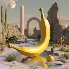 Wall Mural - A giant yellow banana in a desert landscape with a pink archway and a cactus.