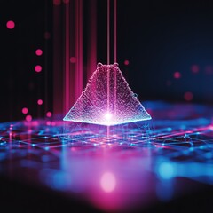 A glowing pyramid shape made of digital particles floats over a neon grid.