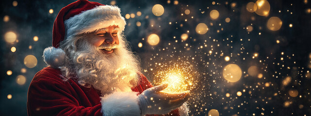 Wall Mural - a smiling Santa Claus holding a magical light, with a Christmas background and cinematic lighting