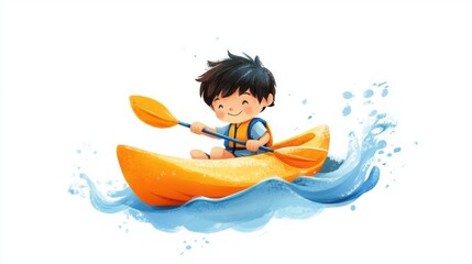 Cute cartoon charactor of a boy kayaking in water