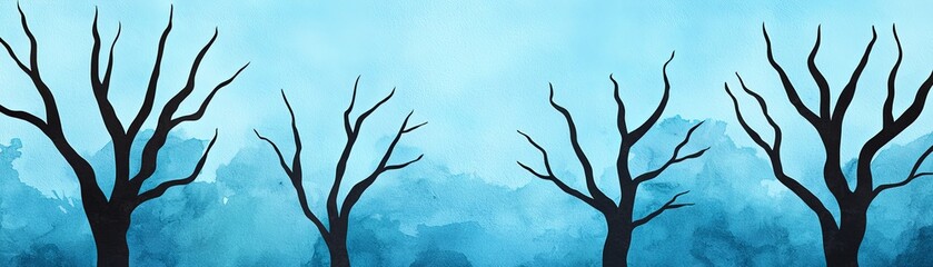 watercolor illustration of silhouetted bare trees in a foggy blue landscape.