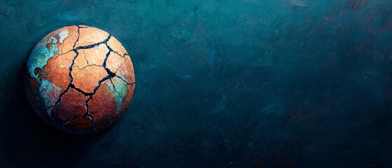 Wall Mural - cracked earth globe on blue background - symbol of climate change and environmental damage.