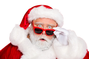 Close-up portrait of his he amazed stunned funky fat overweight plump gray-haired bearded man incredible news putting specs off isolated over bright vivid shine red background