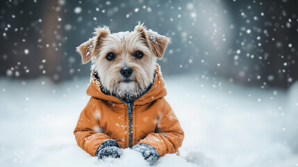 Small dog in orange jacket sitting in snow during winter